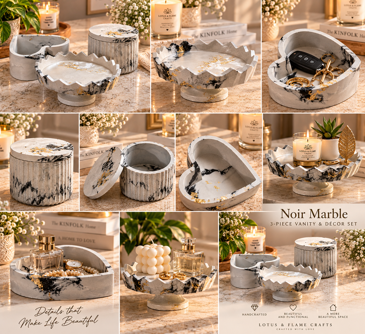 Noir Marble 3-Piece Concrete Vanity & Décor Set