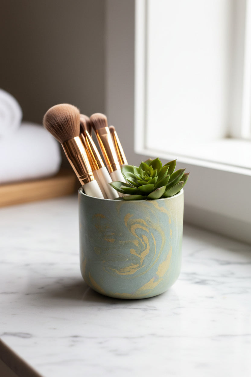 Marble Green & Yellow Handcrafted Cement Jar